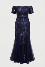 Curveins Plus Size Off-Shoulder Sequin Bodycon Maxi Dress with Pleated Hem