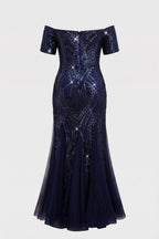 Curveins Plus Size Off-Shoulder Sequin Bodycon Maxi Dress with Pleated Hem
