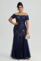 Curveins Plus Size Off-Shoulder Sequin Bodycon Maxi Dress with Pleated Hem