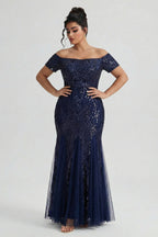 Curveins Plus Size Off-Shoulder Sequin Bodycon Maxi Dress with Pleated Hem