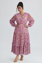 Curveins Plus Size V-Neck Floral Waist-Cinching Maxi Dress with Lantern Sleeves