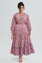 Curveins Plus Size V-Neck Floral Waist-Cinching Maxi Dress with Lantern Sleeves