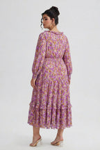 Curveins Plus Size V-Neck Floral Waist-Cinching Maxi Dress with Lantern Sleeves
