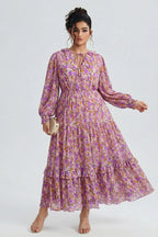 Curveins Plus Size V-Neck Floral Waist-Cinching Maxi Dress with Lantern Sleeves