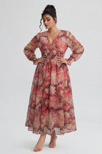 Curveins Plus Size V Neck Long Sleeve Floral Waist Maxi Dress