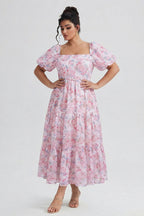 Curveins Plus Size Lantern Sleeves Square Neckline Floral Maxi Dress