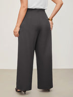 Solid Elastic Waist Pleated Wide Leg Pants