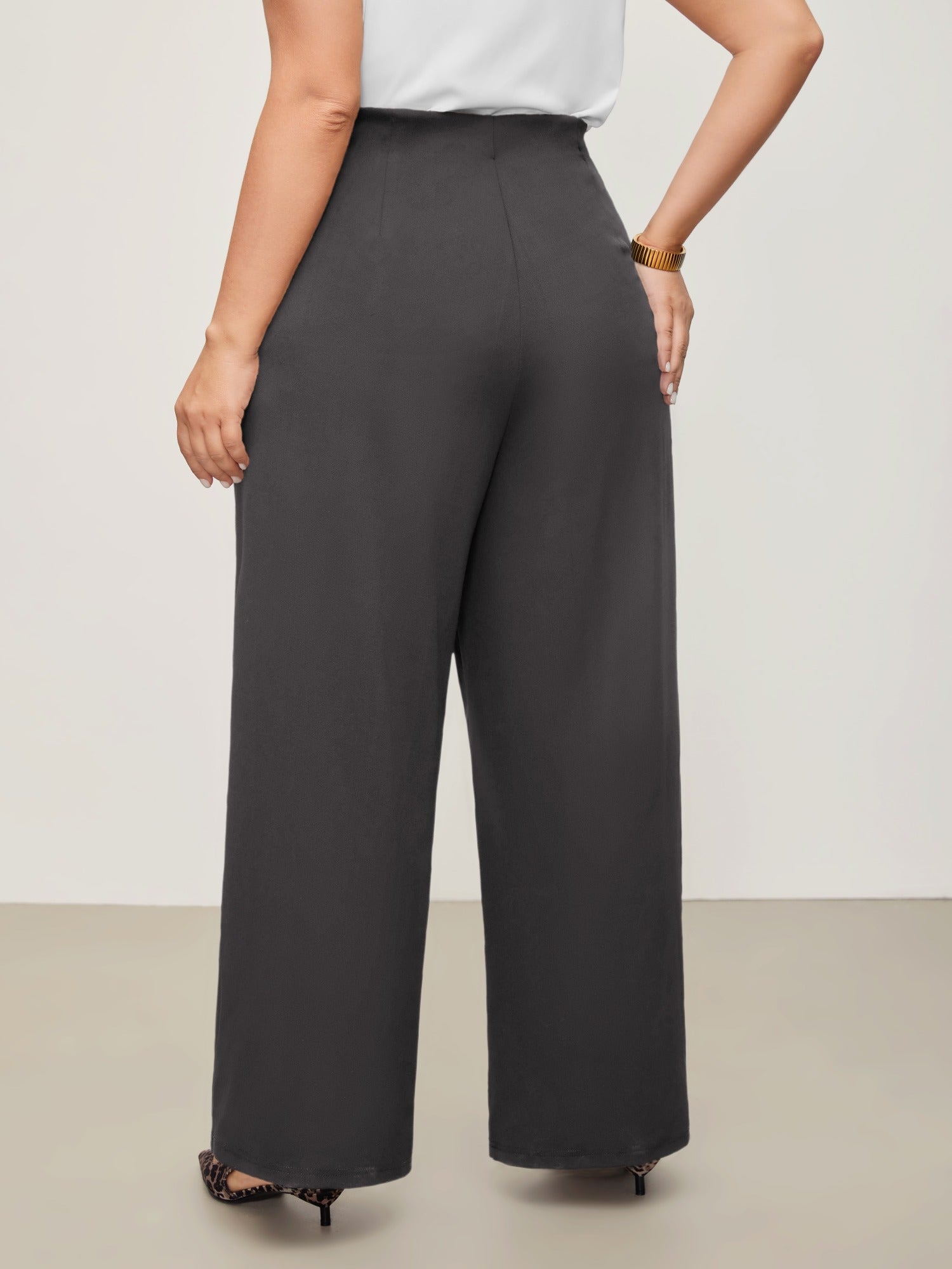 Solid Elastic Waist Pleated Wide Leg Pants