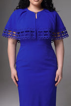 Curveins Plus Size Round Neck Hollow Lace Cape Overlay Bodycon Midi Dress