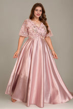 Curveins Plus Size V Neck Sequin Floral Patchwork Elegant Flowy Maxi Dress