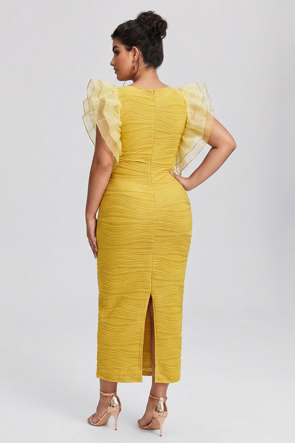 Curveins Plus Size Ruffle Sleeve Color Block Bodycon Midi Dress Elegant Fit