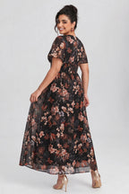 Curveins Plus Size V Neck Batwing Sleeve Floral Print Flowing Maxi Dress