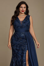 Curveins Plus Size V Neck Sleeveless Sequin Floral Side Tie Elegant Maxi Dress