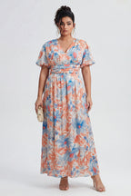 Curveins Plus Size V Neck Puff Sleeve Floral Pattern Elegant Flowing Maxi Dress