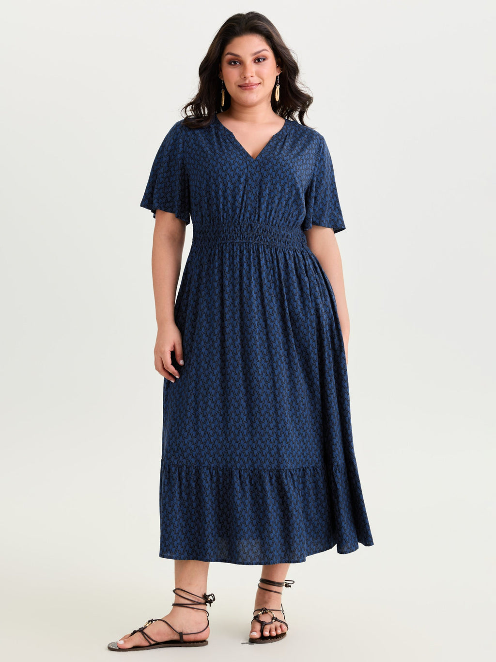 Geometric Print Waist-Cinched Tiered Midi Dress