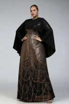 Curveins Plus Size Round Neck Striped Sequin Cape Top Gradient Maxi Dress