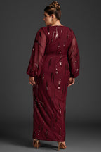 Curveins Plus Size Lantern Sleeve Slit Mesh Dress -Burgundy