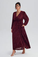 Curveins Plus Size Burgundy Velvet Wrap Maxi Dress