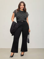 Polka Dot Mock Neck Mesh Patchwork Blouse