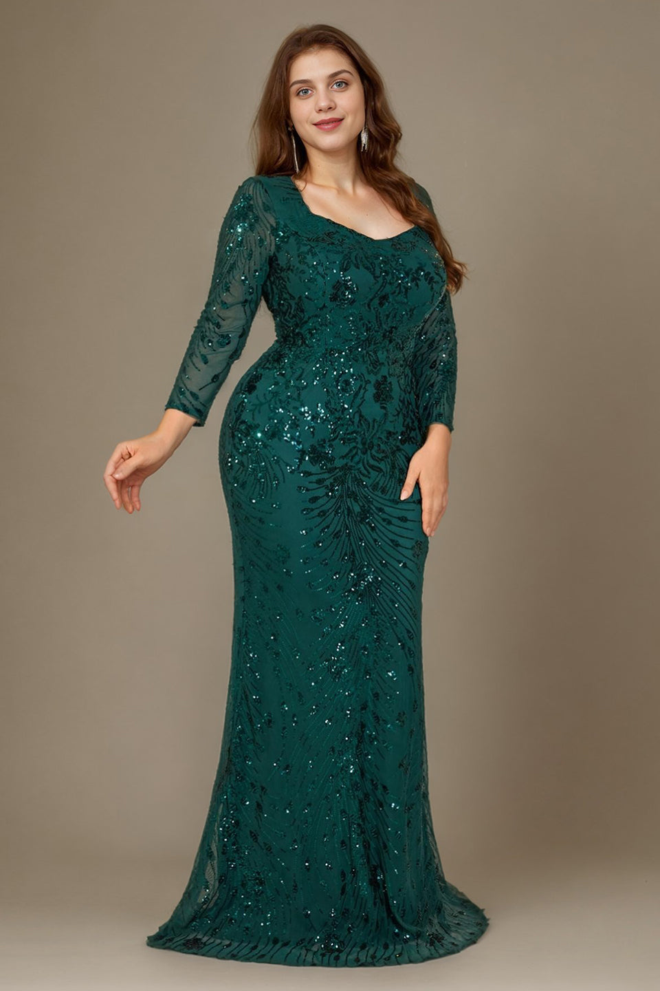 Curveins Plus Size V Neck Long Sleeve Sequin Floral Pattern Elegant Maxi Dress