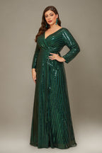 Curveins Plus Size V-Neck Sparkling Striped Sequin Evening Maxi Dress