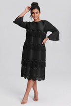 Curveins Plus Size Round Neck Fringe Detail Elegant Loose Pleated Midi Dress
