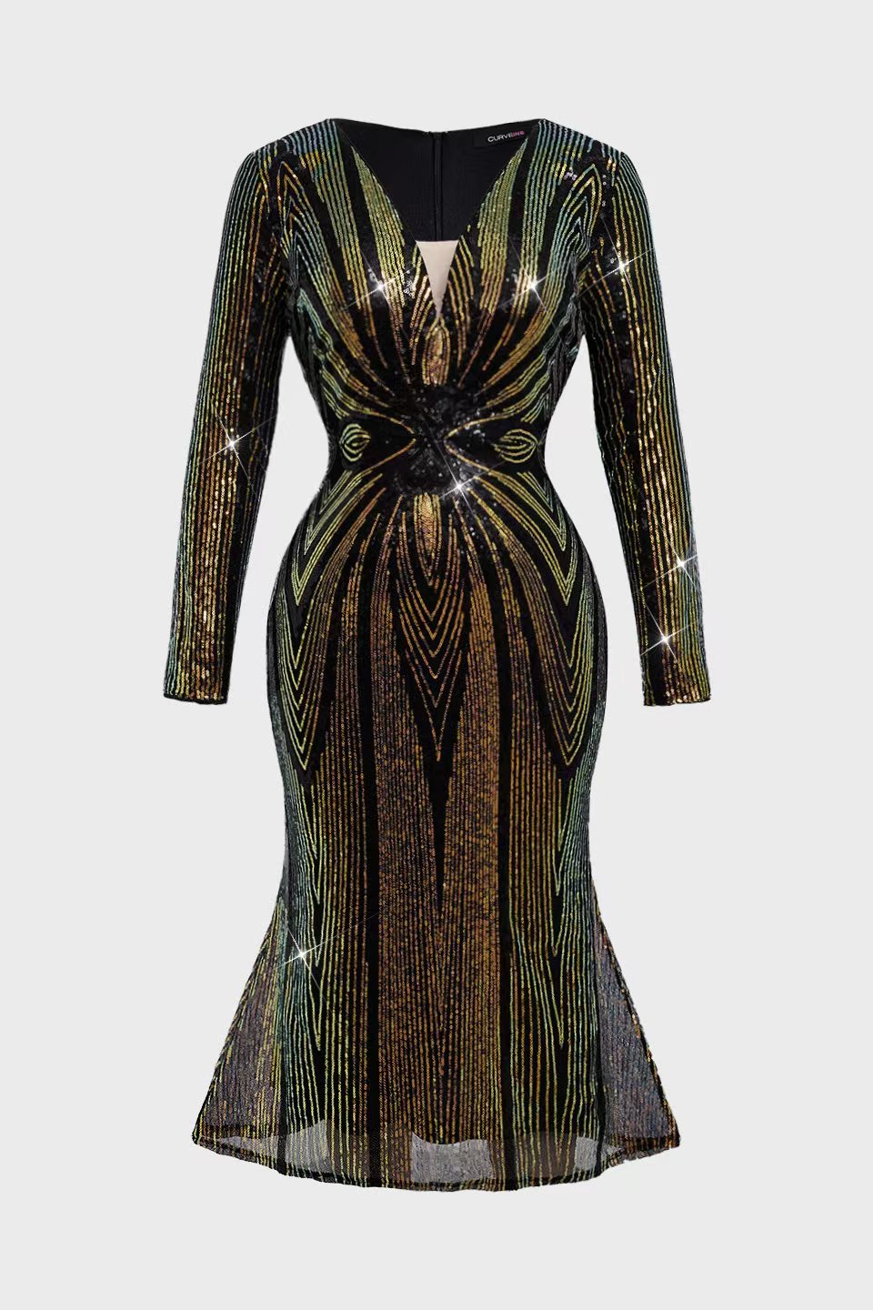 Curveins Plus Size V-Neck Long Sleeve Sequin Spider Stripe Waist Midi Dress