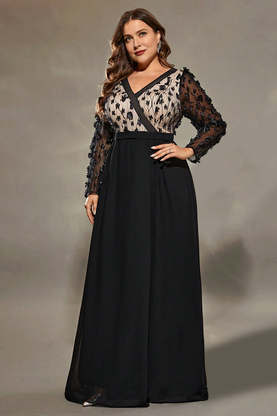 Curveins Plus Size Elegant V-Neck Long Sleeve Dress with Textured Floral Details