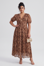 Curveins Plus Size V Neck Short Sleeve Floral Ruched Waist Flowy Elegant Maxi Dress
