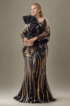 Curveins Plus Size Square Neck Long Sleeve Sequin Bodycon Gold Stripe Maxi Dress
