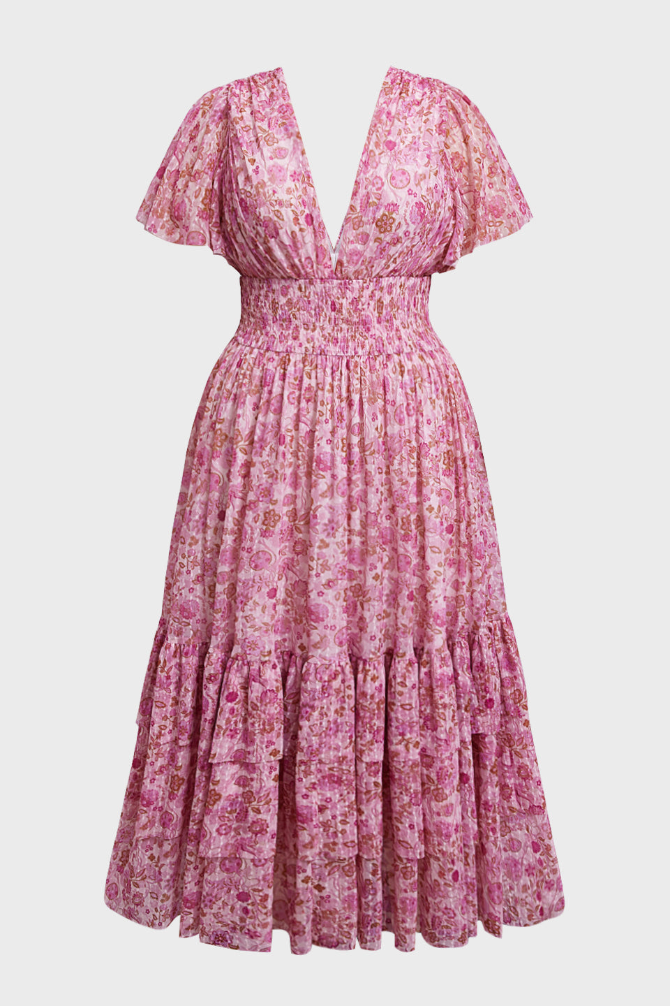 Curveins Plus Size  Floral Smocked Waist Ruffle Sleeve Maxi Dress