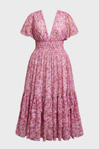 Curveins Plus Size  Floral Smocked Waist Ruffle Sleeve Maxi Dress