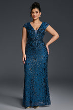 Curveins Plus Size V-neck and Waist Cinch Sequin Maxi Dress