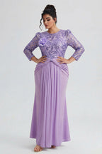 Curveins Plus Size Long Sleeve Lace Patchwork Sequin Maxi Dress with Round Neck