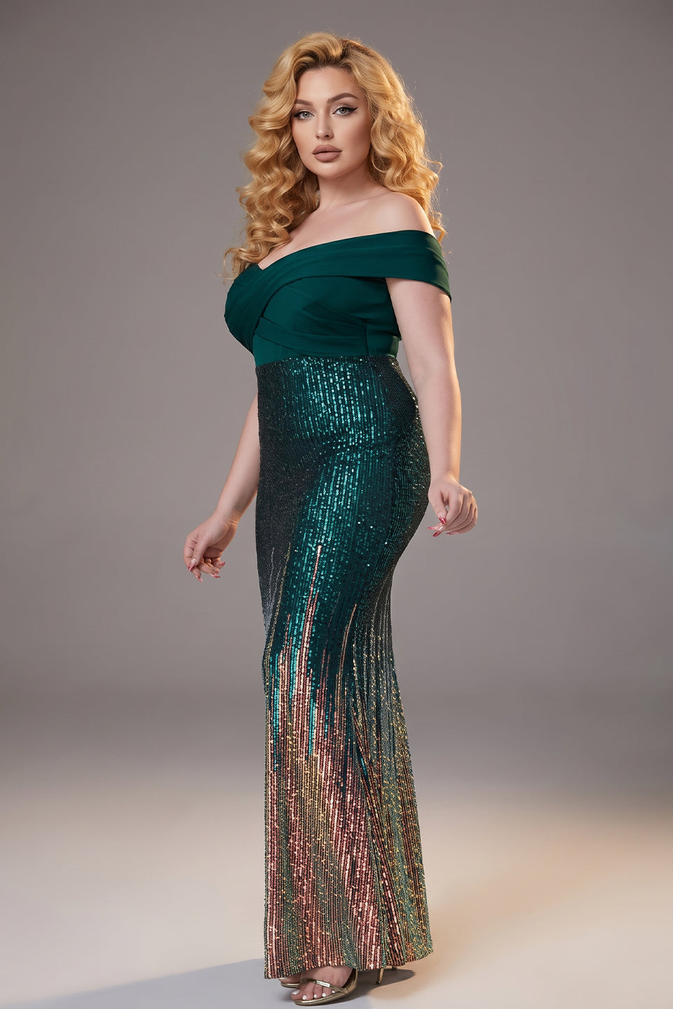 Curveins Plus Size Off Shoulder Sequin Patchwork Bodycon Elegant Maxi Dress