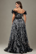 Curveins Plus Size Off Shoulder Sequin Pattern Cinched Waist Maxi Dress