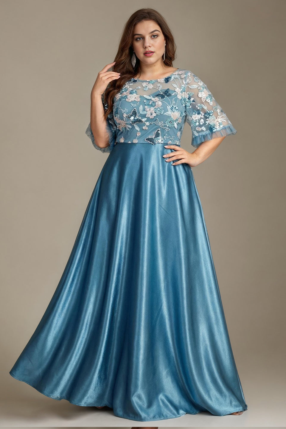 Curveins Plus Size Round Neck Batwing Sleeve Ruffle Patchwork Elegant Maxi Dress