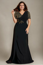 Curveins Elegant Plus Size Spliced V-Neck Floral Waistline Long Dress