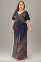 Curveins Plus Size Glam V-Neck Batwing Sleeve Curve-Flattering Sequin Dress