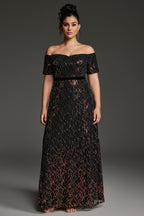 Curveins Plus Size Off-Shoulder Waist Cinched Striped Sequin Maxi Evening Dress