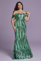 Curveins Plus Size Off-Shoulder Bodycon Sequin Maxi Dress with Textured Detailing