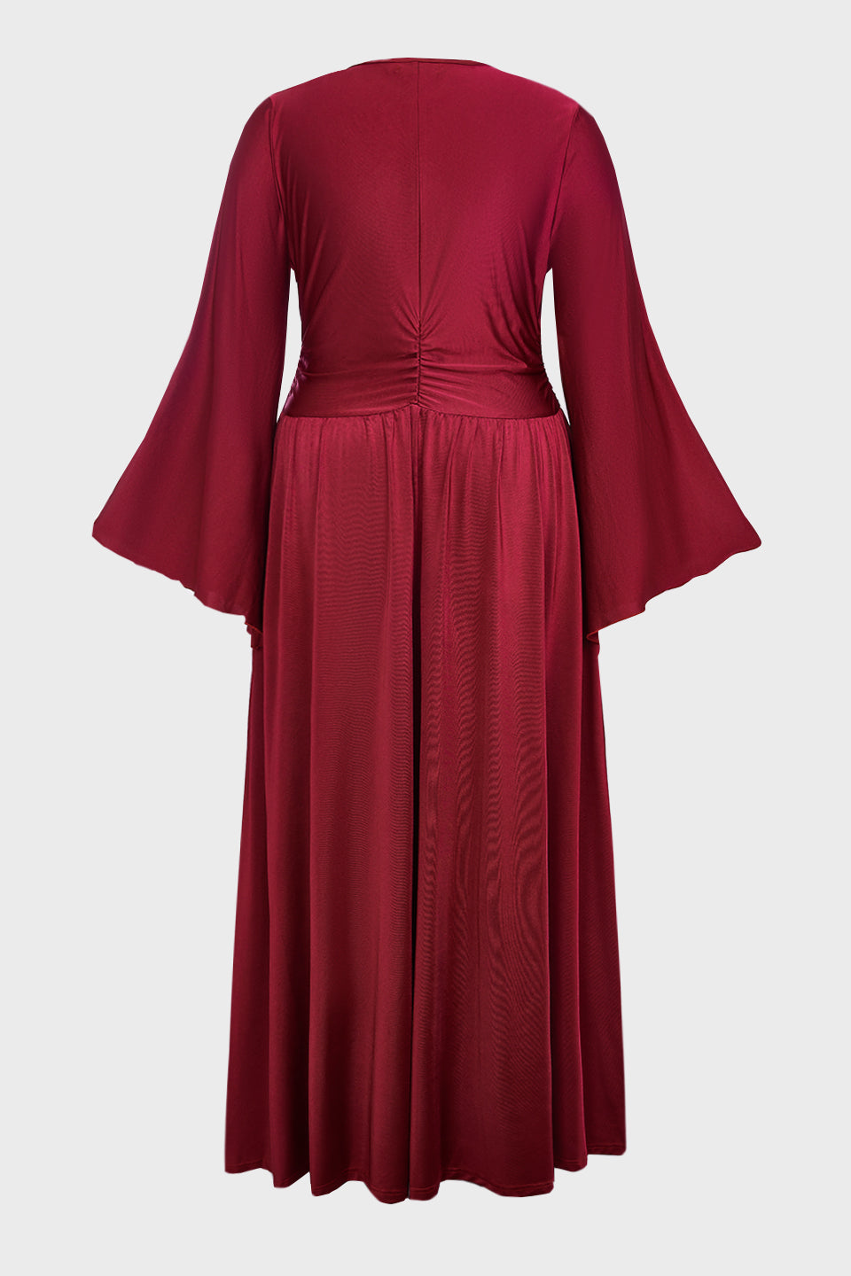 Curveins Plus Size Solid Color Long Sleeve V Neck Ruched Waist Elegant Maxi Dress
