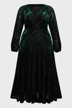 Curveins Plus Size V-Neck Flowy Bell Sleeves Pleated Velvet Midi Dress