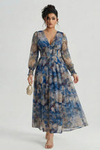 Curveins Plus Size V Neck Long Sleeve Floral Waist Maxi Dress