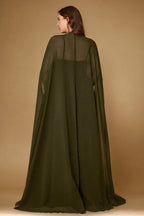 Curveins Plus Size V Neck Ruched Waist Maxi Dress with Cape Sleeve