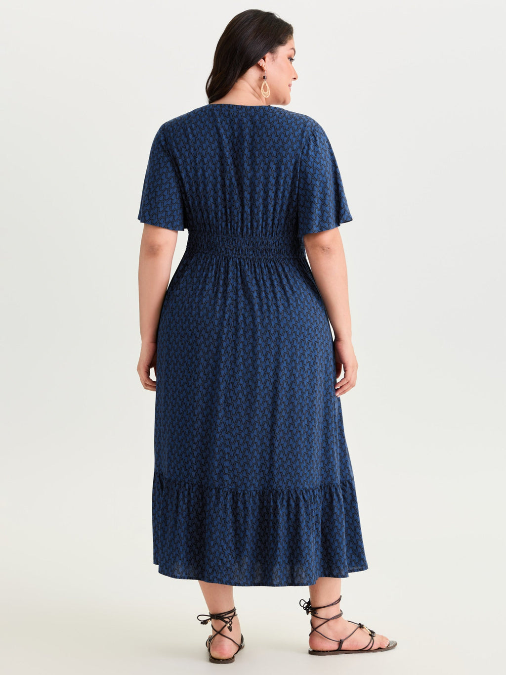 Geometric Print Waist-Cinched Tiered Midi Dress