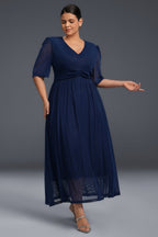 Curveins Plus Size V-Neck Long Sleeve Ruffle Hem Maxi Dress