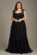 Curveins Plus Size V Neck Cami Tulle Overlay Sequin Patchwork Flattering Maxi Dress