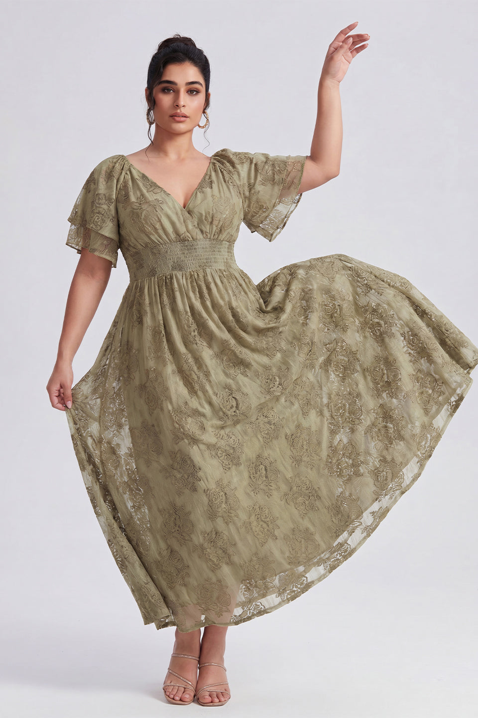 Curveins Plus Size V Neck Batwing Sleeve Plaid Pattern Flowy Maxi Dress