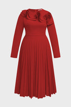 Curveins Plus Size Round-Neck Ruffled Long-Sleeve Elegant Pleated Maxi Dress